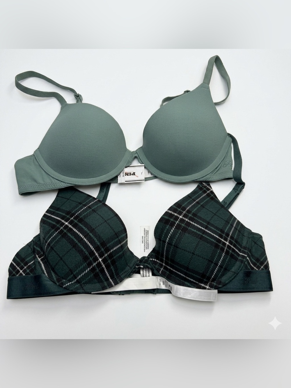 Victoria's Secret Sage Green T-Shirt Bra & Dark Green Plaid Lightly Lined 34 A